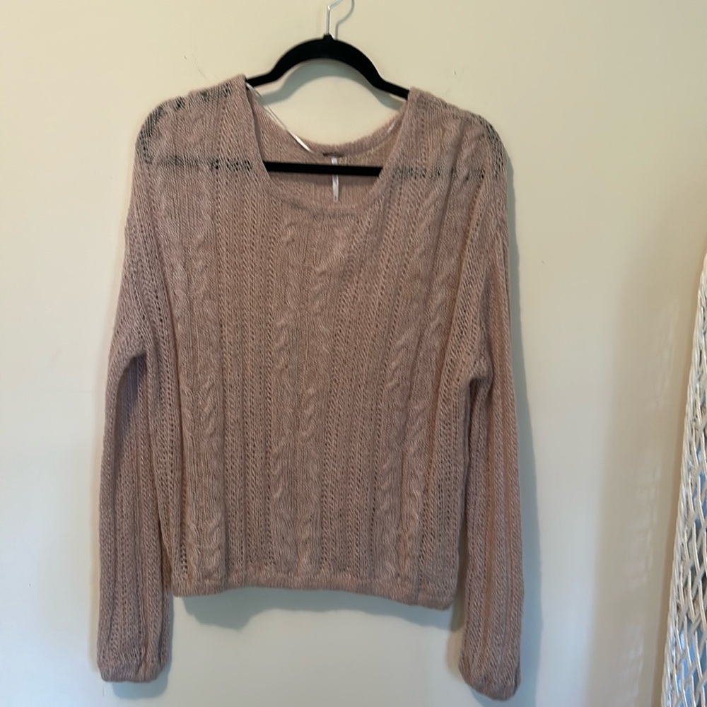 Free People Women’s Open Knit Long Sleeve Tan Sweater Oversized Size Small